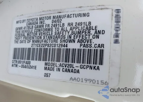 2002 Toyota Camry Solara Se из США, поврежденный, VIN 2T1CE22P82C012944